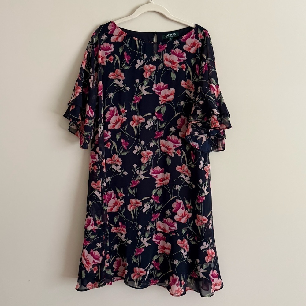 Lauren Ralph Lauren Floral Print Ruffle Dress – Navy and Pink Womens Size 12 - Picture 4 of 14